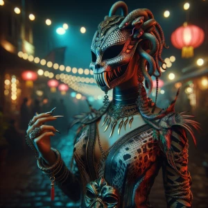 Female wearing a snake skull mask and snake costume
