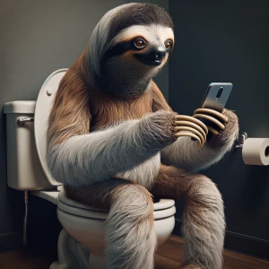 A sloth looking at it phone setting on tolit.