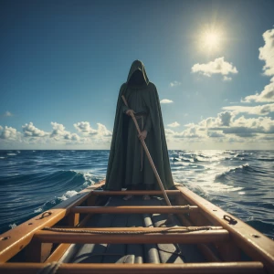 a zoomed out image of a solo cloaked figure working on a raft in...