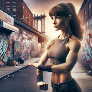 Athletic Thin skinny Attractive, Asian teenage girl, long brown hair and bangs, wearing tight skinny jeans and a halter top paint marks on her clothing, heroic pose Asian graffiti background, side view