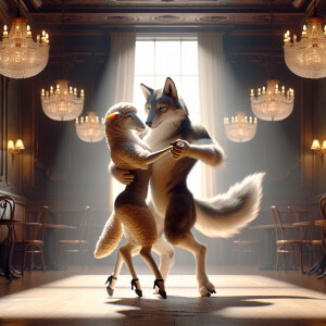 A vigorous male wolf and an elegant ewe are dancing tango enthus...