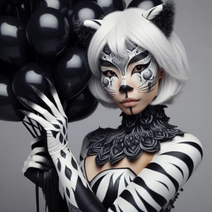 A clown wearing a monochrome feline-inspired costume with coordi...