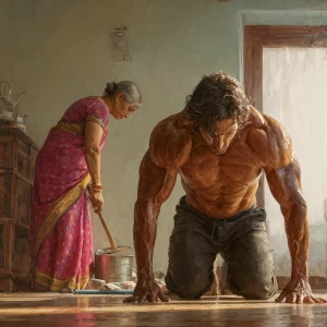 Hyperrealism digital painting ,a indian muscular beefy sweaty...