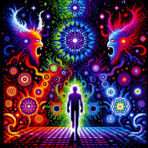 "Create a psychedelic art piece in 8K resolution that visually i...