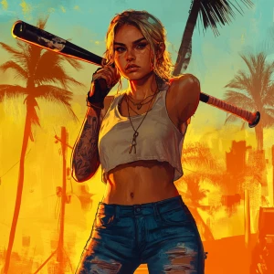 ,with her softball bat on her shoulder, GTA style art