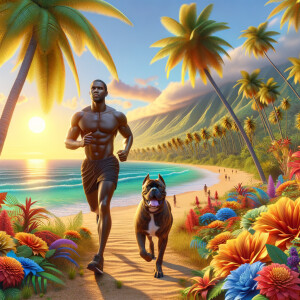 3-D illustration of a very  handsome Nigerian man and his canetorso dog jogging along the beach, Tropical Hawaii aesthetic, beautiful background, vibrant, palm trees, tropical flowers