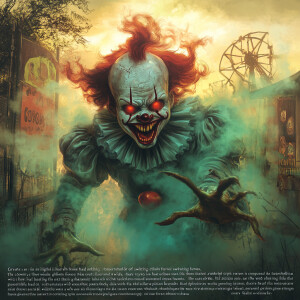 "Create an illustration of a nightmarish clown whose entire form...
