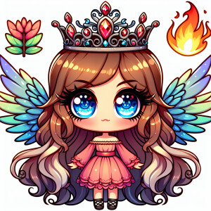 A cute cartoon girl with cute wings and glowing eyes and fire cr...