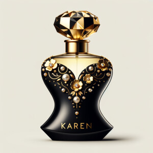 Design a fancy, black and gold bottle of perfume in the shape of a woman’s body. With a golden diamond top, flowers pearls and Diamonds in the name, Karen