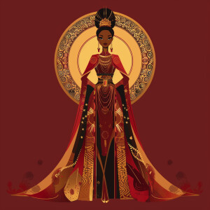 Illustrate a full body regal Empress reflecting a blend of Afr...
