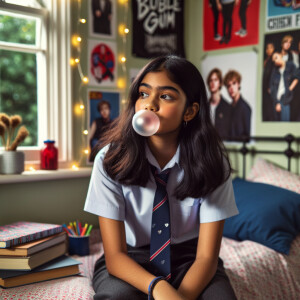 Schoolgirl smoking a cigarette in her bedroom.