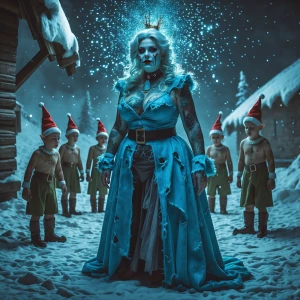 Create an image of a sinister Mrs. Claus dressed in a tattered a...