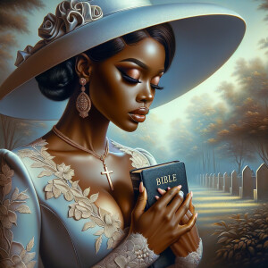 Render an airbrush oil painting of an African American woman with flawless makeup in a
contemplative pose, holding a Bible close to her heart, dressed in an elegant Sunday Best
outfit with a distinctive Church Hat. The background features a peaceful church garden,
with light filtering through the trees, highlighting her spiritual connection and the personal
moment of reflection. The artwork should capture the tranquility of the scene, the beauty
of her attire, and the depth of her contemplation, reflecting a serene and spiritually