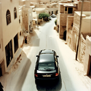 Aerial shot from above of a car driving down the street of an Ar...