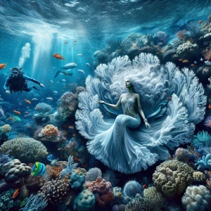 Create a beautiful mermaid with long white hair, flowing gracefu...