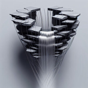 Floating waterfall made from delicate slabs of slate stone conne...