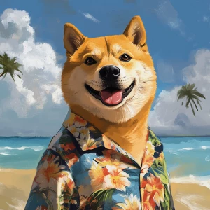 DOGE meme.,On beach in a Hawaii shirt, GTA style art