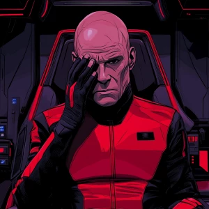 A bald, middle-aged man with visible wrinkles and a stern expres...