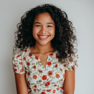 A cute woman

Smiling 

Clothes: Floral Dress

Looks Clean & Mod...