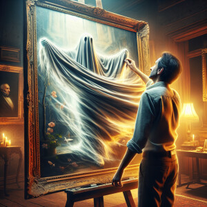 As an unsuspecting man looks beneath a cloth, draped over the cu...