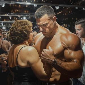 Hyperrealism,a muscular beefy sweaty man,entering in a nightclub...