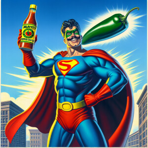 Superman promoting jalapeño pepper sauce