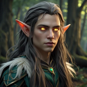 Generate a fantasy elf character with long hair, pointed ears, g...