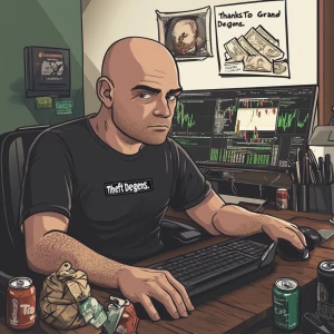 A bald man with a weary expression, dressed in a black t-shirt,...