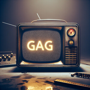 Eerie scene of a tube tv with the word “GAG” on the screen