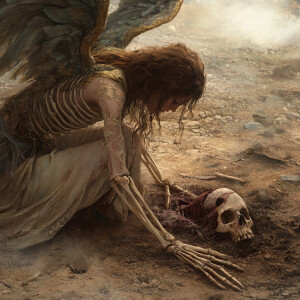 a powerful scene where a demon is lying just beneath the dirt, w...