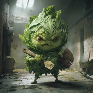 In a dimly lit kitchen arena, an anthropomorphic lettuce stands...