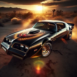 A high-gloss, obsidian-black 1976 Pontiac Firebird Trans Am, gli...