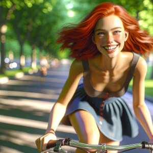 a beautiful red-haired girl rides along the alley of the park in...