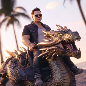 Elon Musk,Riding on a dragon to the beach party, GTA style