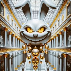 Easter bunny smiles but you know he’s evil in the golden museum