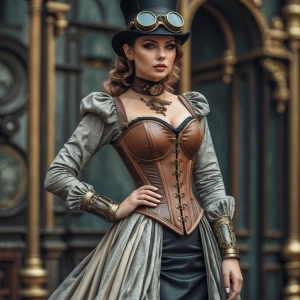 Create a scene featuring a beautiful woman dressed in a corset m...