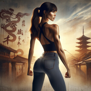 Athletic Thin skinny Attractive, Asian teenage girl, long brown hair and bangs, wearing tight skinny jeans and a halter top paint marks on her clothing, heroic pose Asian graffiti background, backside view