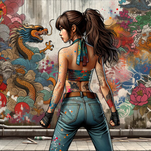 Attractive, Asian teenage girl, long brown hair and bangs, wearing tight skinny jeans and a halter top paint marks on her clothing, backside view heroic pose Asian graffiti