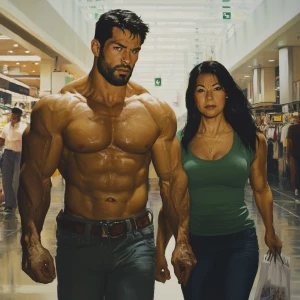 Realism art,A muscular man, glistening with sweat, walks with hi...