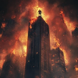 You are a graphic designer who is an expert in Photoshop. Create a cinematic style image of a classic superhero standing triumphantly on a skyscraper of a burning city.