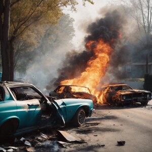 Two cars collided on a suburban street, one car is on fire, phot...