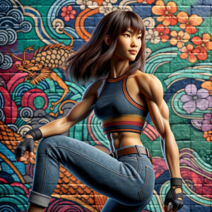 Very thin Athletic Thin skinny Attractive, Asian teenage girl, long brown hair and bangs, wearing tight skinny jeans and a halter top paint marks on her clothing, sitting side view heroic pose Asian graffiti