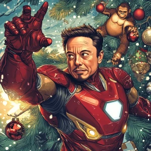 Elon Musk as Iron Man with Christmas style. Fighting off godzill...