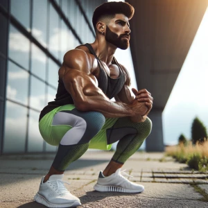 A muscular bodybuilder man is squatting outdoors, wearing a slee...