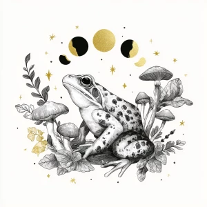 Whimsical illustrated frog, mushrooms, moon phases, mystical for...