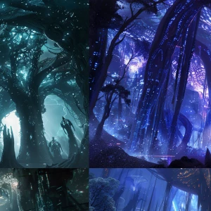 A cinematic, awe-inspiring alien forest cathedral, viewed from a...