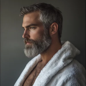 Silver man beard hairy chest white bathrobe