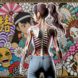 Athletic Thin skinny Attractive, Asian teenage girl, long brown hair and bangs, wearing tight skinny jeans and a halter top paint marks on her clothing, heroic pose Asian graffiti background, backside view