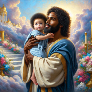 Classical oil painting style depicting an African-American Jesus...