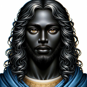 Create a beautiful African-American Jesus Christ with Hazel, brown eyes and blue and gold robe